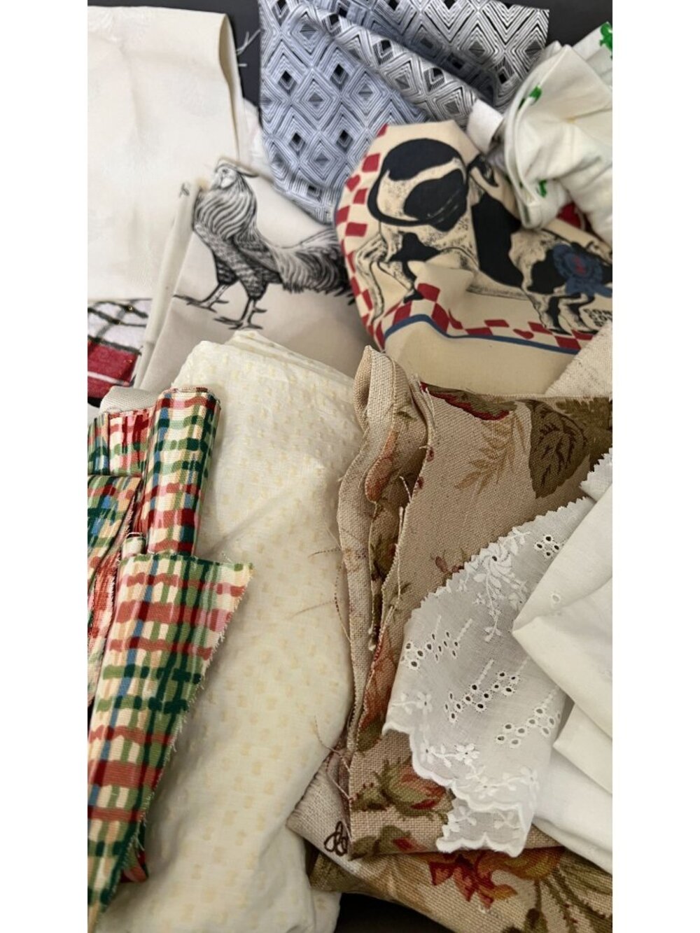 Mixed Vintage Fabric Lot Black White Red Floral Checkered